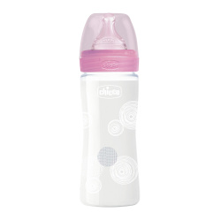 Chicco Well Being Slow Flow Glass Feeding Bottle 240ml - pink