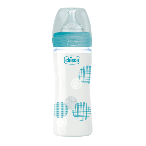 Chicco Well Being Slow Flow Glass Feeding Bottle 240ml - light blue