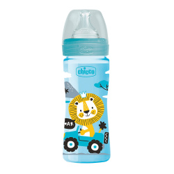 Chicco Well Being Plastic Baby Bottle with Medium Flow Silicone Nipple 250 ml Light Blue